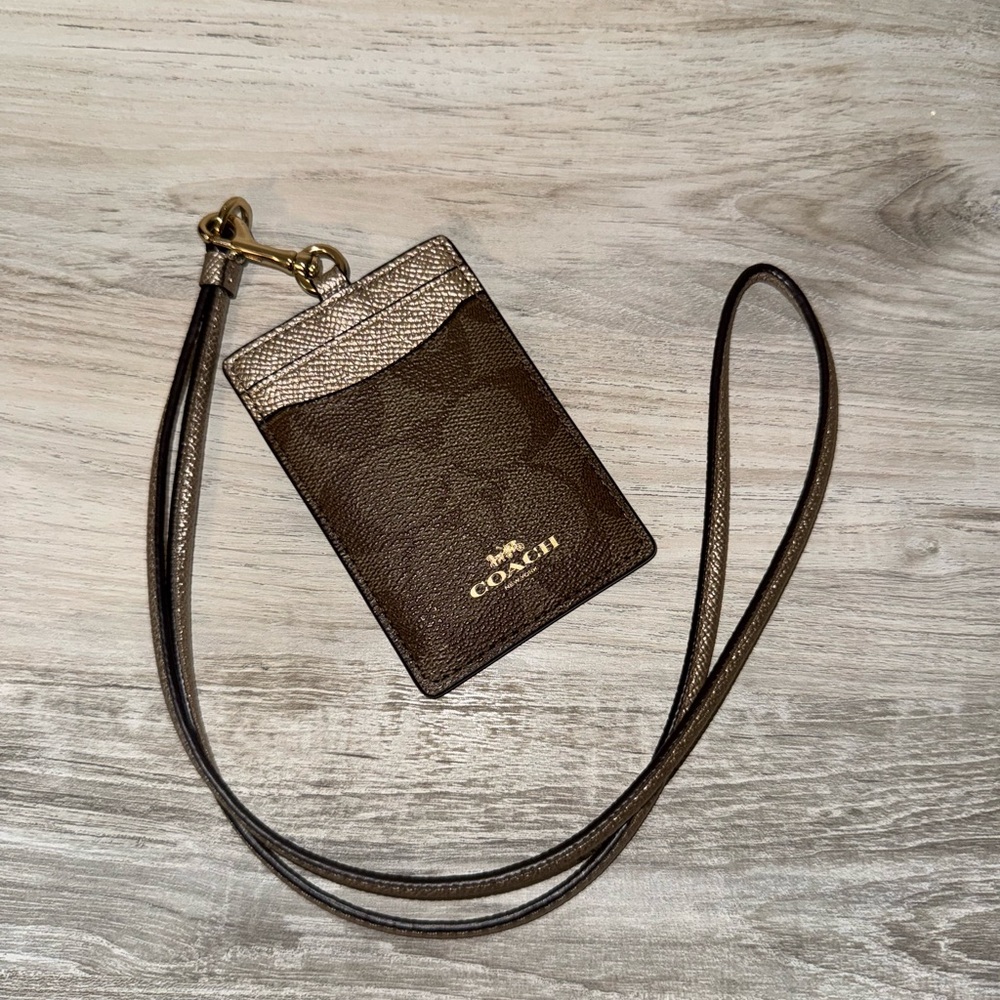 Coach Dark Brown and Gold Card/ ID Holder Lanyard